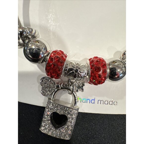Mint Stainless Steel Heart PadLock Crystals Charm Silvertone Bangle Bracelet NEW - Picture 3 of 6